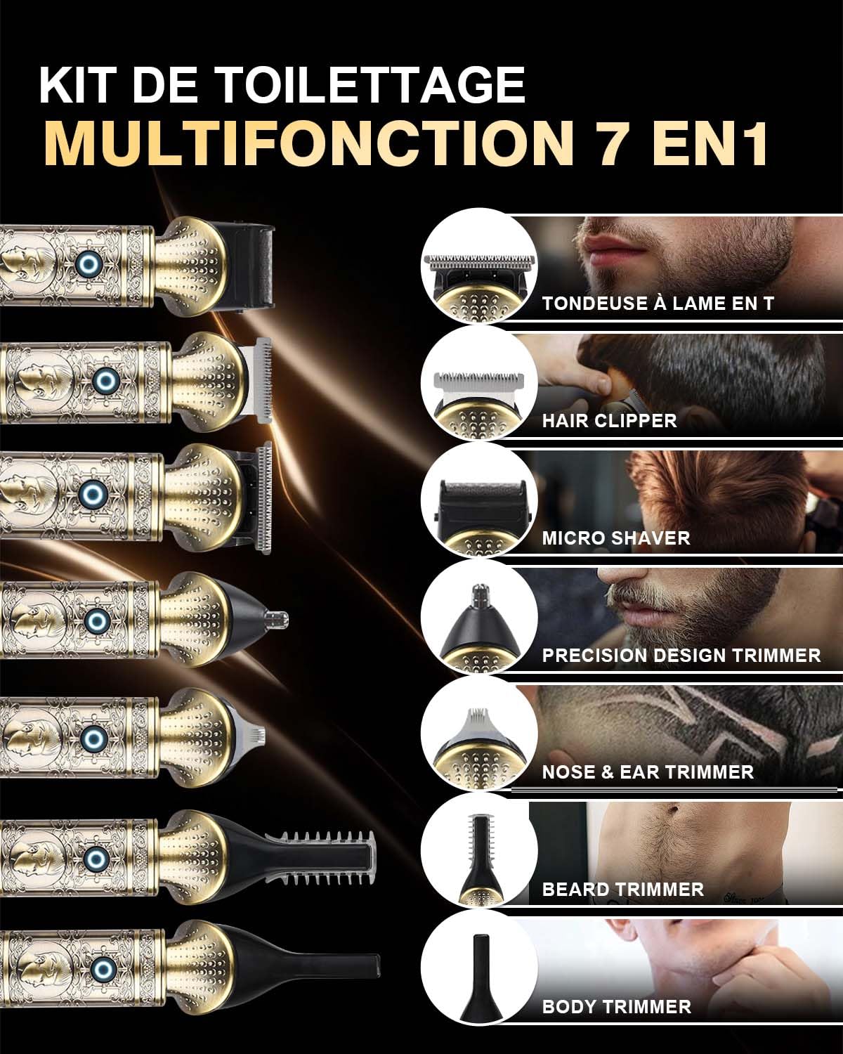 Tondeuse Barbe Homme Professionnelle 7 en 1, Tondeuse Cheveux Sans Fil Étanche avec Lame en T, Écran LED, USB-C Charge Rapide, Kit Tondeuse Corps & Visage, Idée Cadeau Rasoir Homme