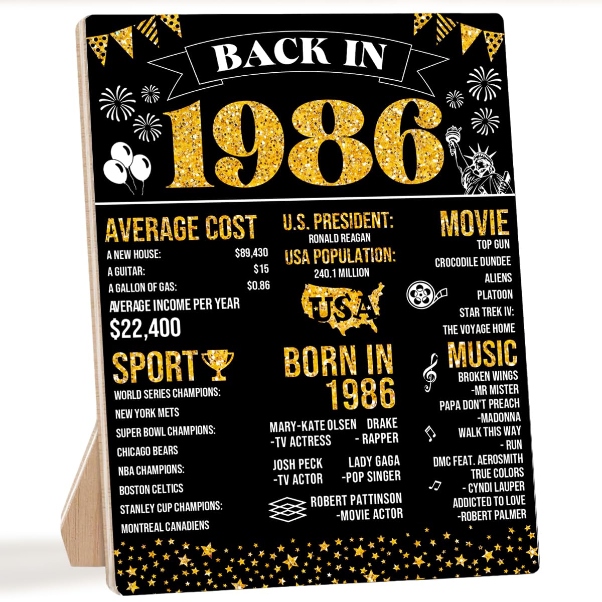 Black 40th Birthday Decorations,1986 Birthday Decorations,Back in 1986 Poster Wood Sign With Stand,40 Year Old Party Supplies for Women Men Vintage 40th Anniversary Decor for Display Holder Table