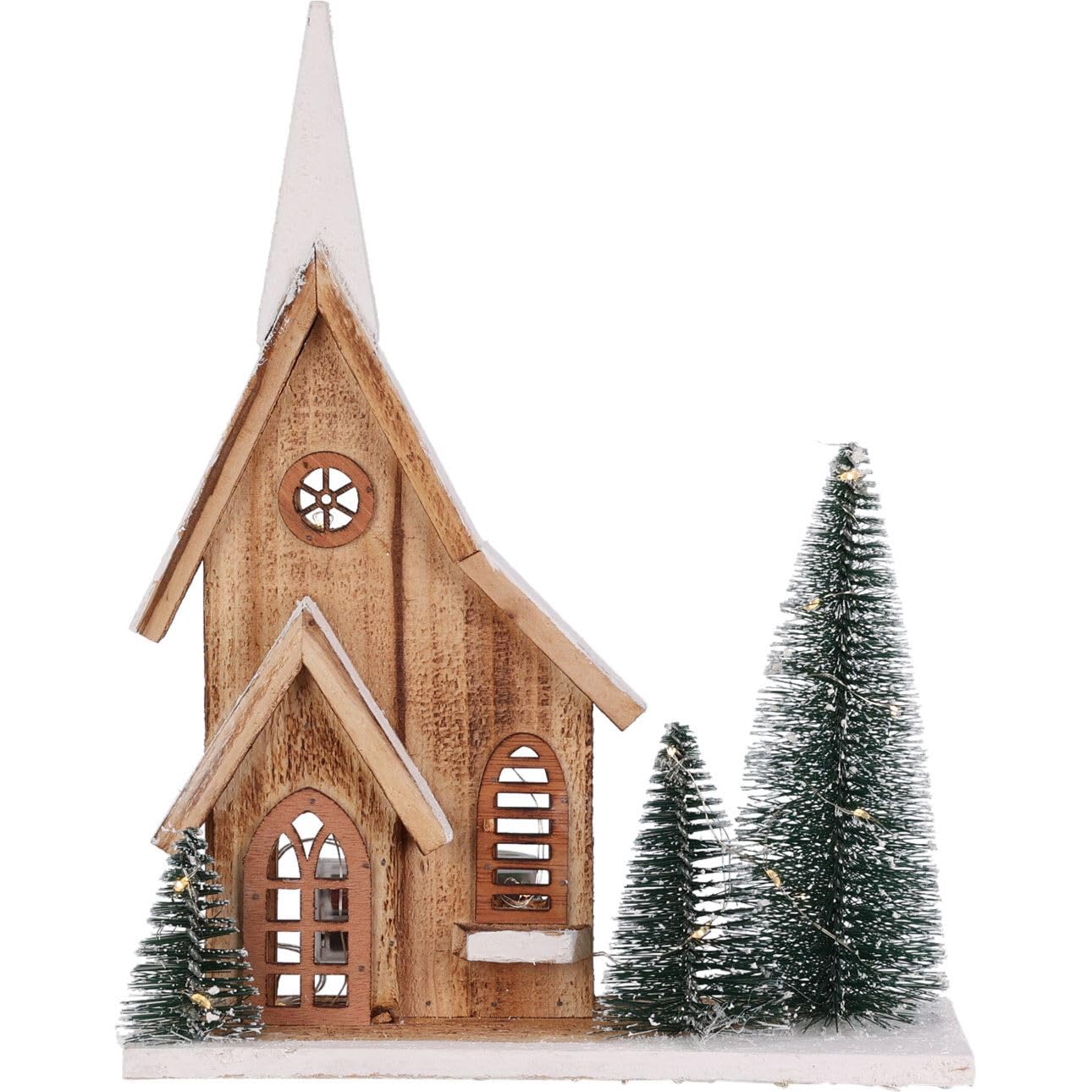 Carousel Home Natural Led Wooden Christmas House With Bottle Brush Trees | Light-Up Nordic Village Ornament | Rustic Festive House Decoration - 34.5Cm