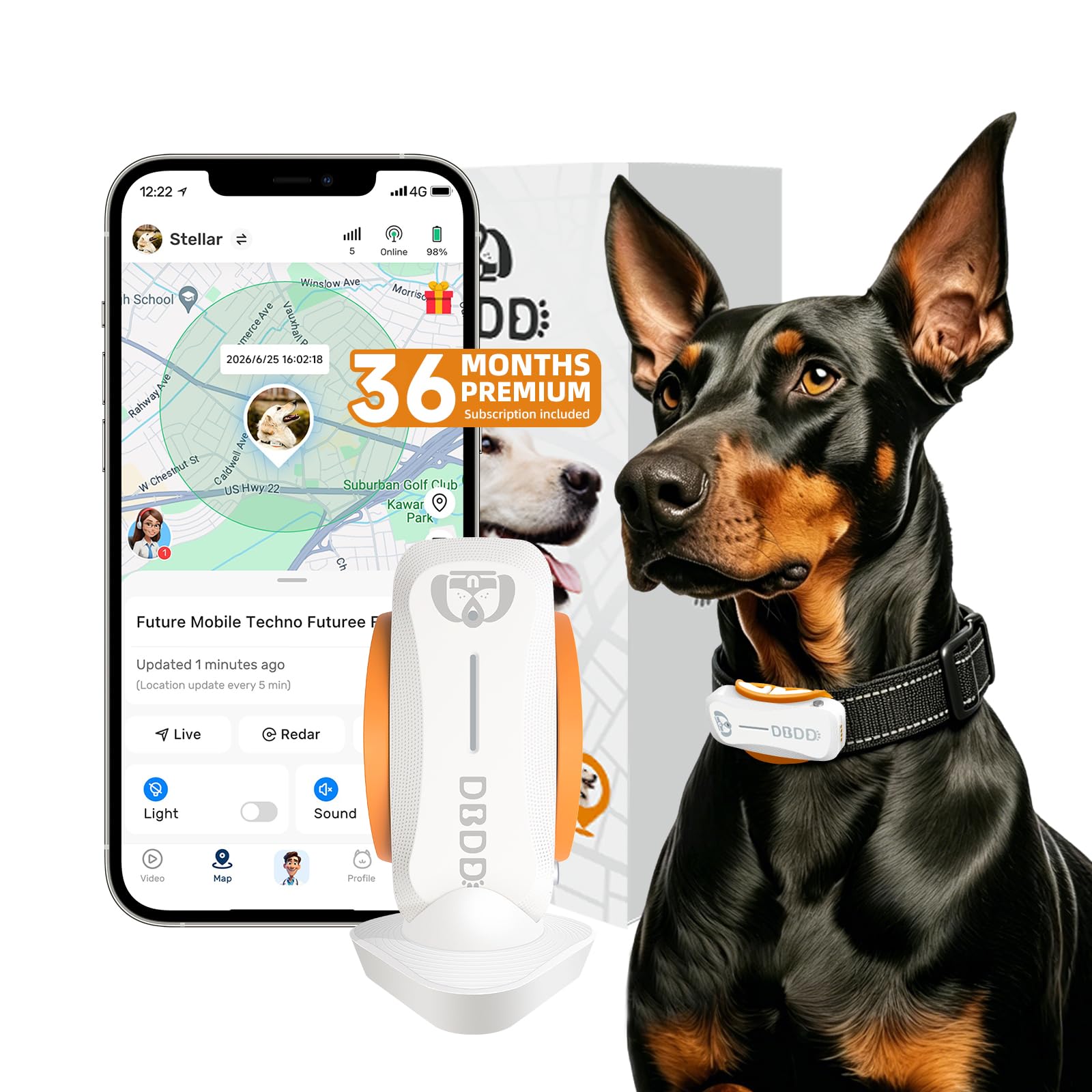 DBDD GPS Tracker for Dogs with 36 Month Subscription, Real-Time Location, Electronic Fence, Health Monitoring, Waterproof, for Medium Large Dogs, iOS Android
