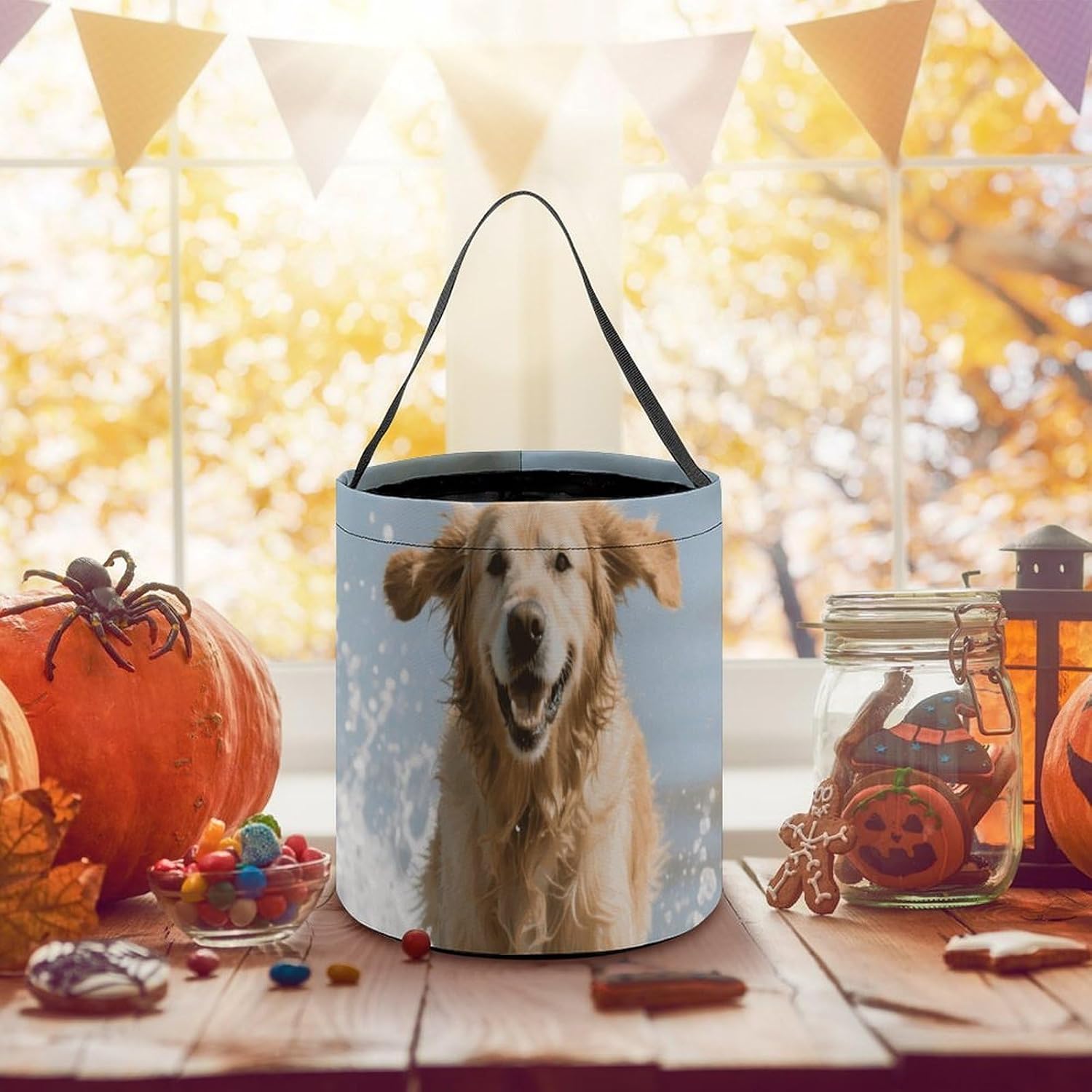 Reusable Cute Golden Retriever Halloween Candy Bucket with Handle image 5