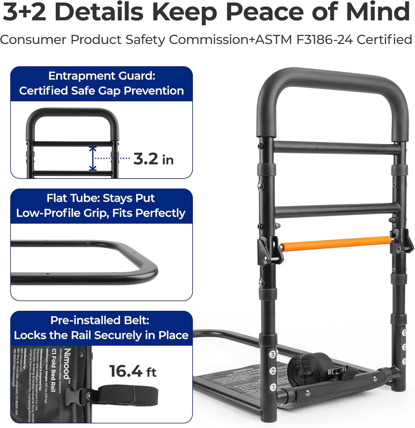 C1 Fold Bed Rails for Elderly Adults Safety - Bed Assist Rail with Adjustable Height, Tool-Free One-Hand Foldable Bed Rails for Seniors
