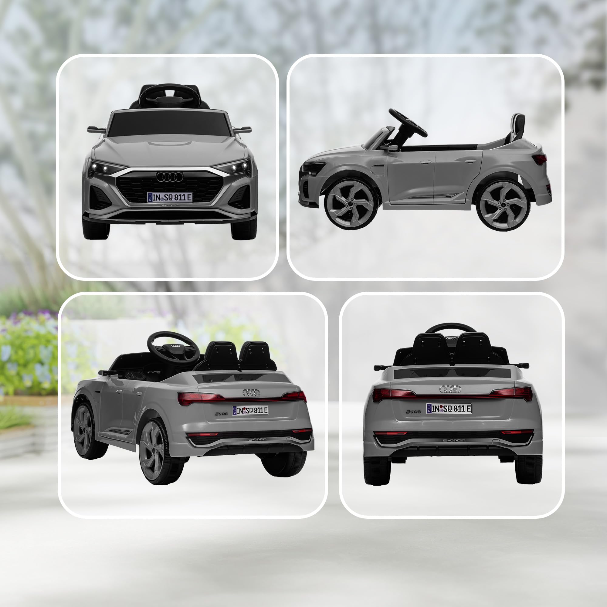 AIYAPLAY Voiture électrique Enfants 12V sous Licence Audi Q8 e-tron Sportback, véhicule électrique, 2 Moteurs, télécommande 2,4G, phares LED, Musique, klaxon, Suspension à Ressort, pour 3-4 Ans, Gris
