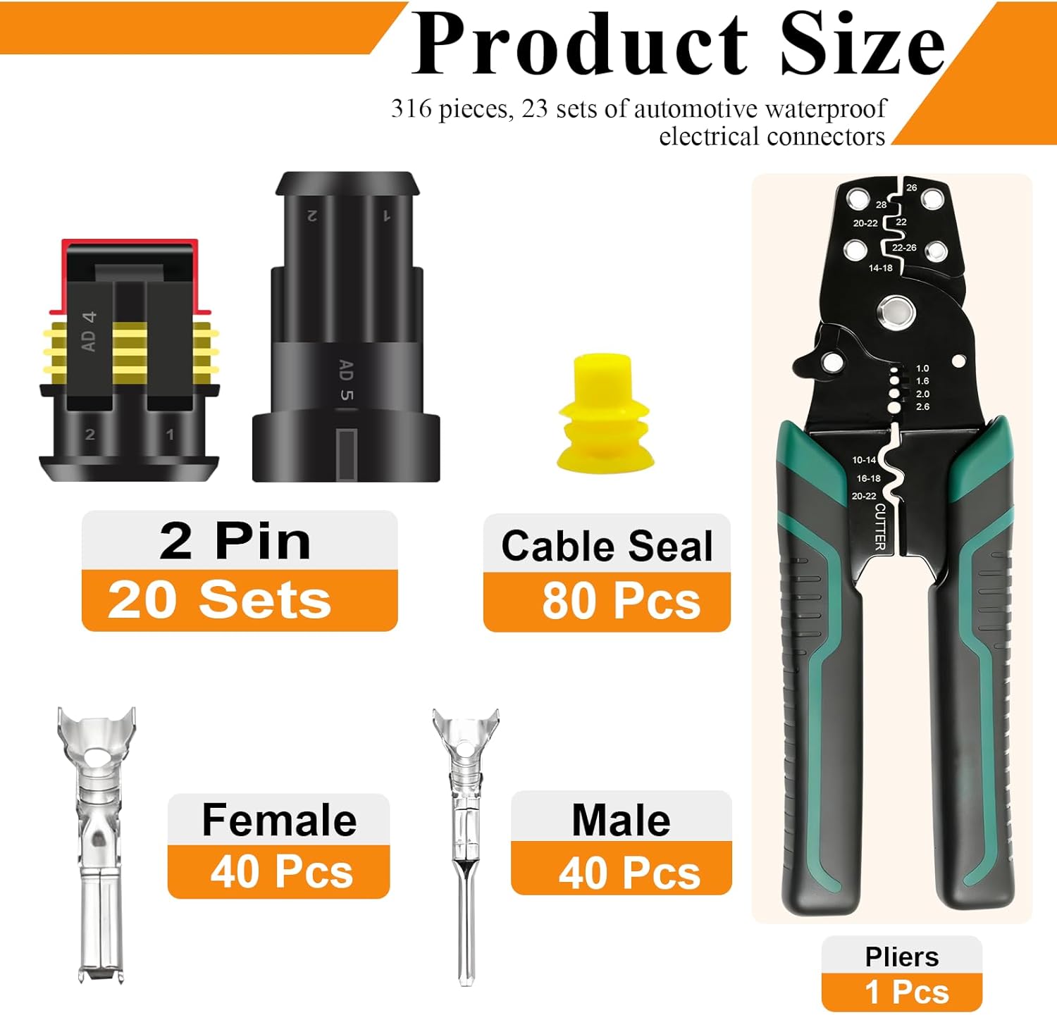20 Pack 2 Pin Connector Automotive Electrical Automotive Replacement Ignition Plug Connectors 2 Wire Connector 16-22 AWG Quick Connect Waterproof Connector