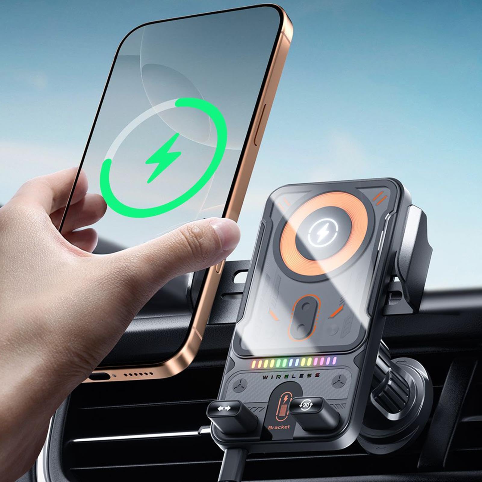 Auto Charge Drive, caricabatterie wireless da auto da 15 W, ricarica rapida, supporto per telefono con bloccaggio automatico intelligente con impugnatura stabile e mano per navigazione, musica