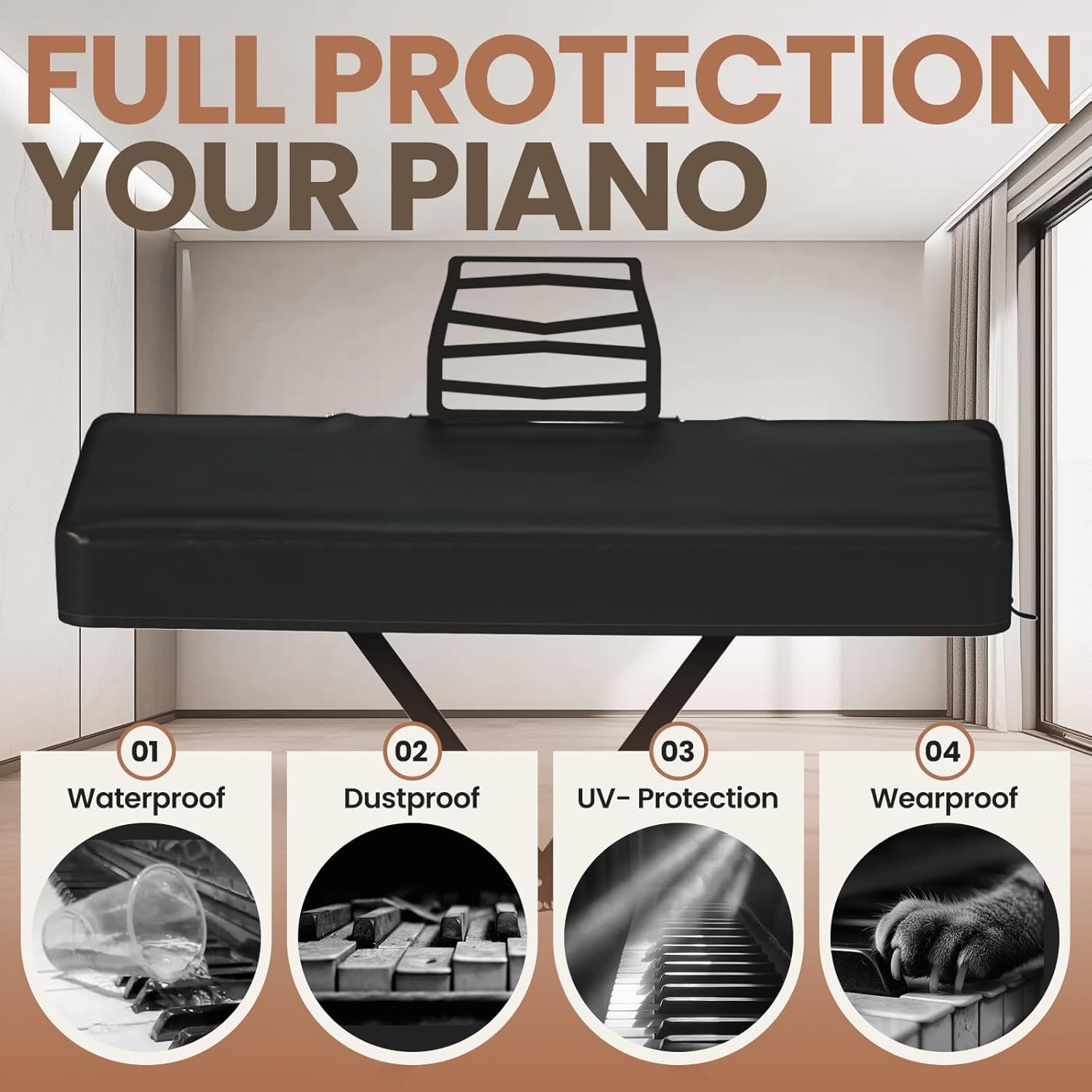 61/88Keys Electric Piano Keyboard Dust Cover - Waterproof, Dustproof, Scratch-Resistant, Adjustable Fit, Machine Washable - 37"(L) x 14"(W) x 5"/4.7"(H) (61keys-black) - Image 3