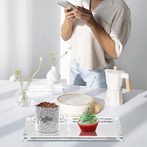 Miniatura 6 de Bandeja de tocador de espejo de cristal, 13.8" x 5.9" bandeja rectangular de cristal plateado con diamante triturado para exhibición de perfumes y