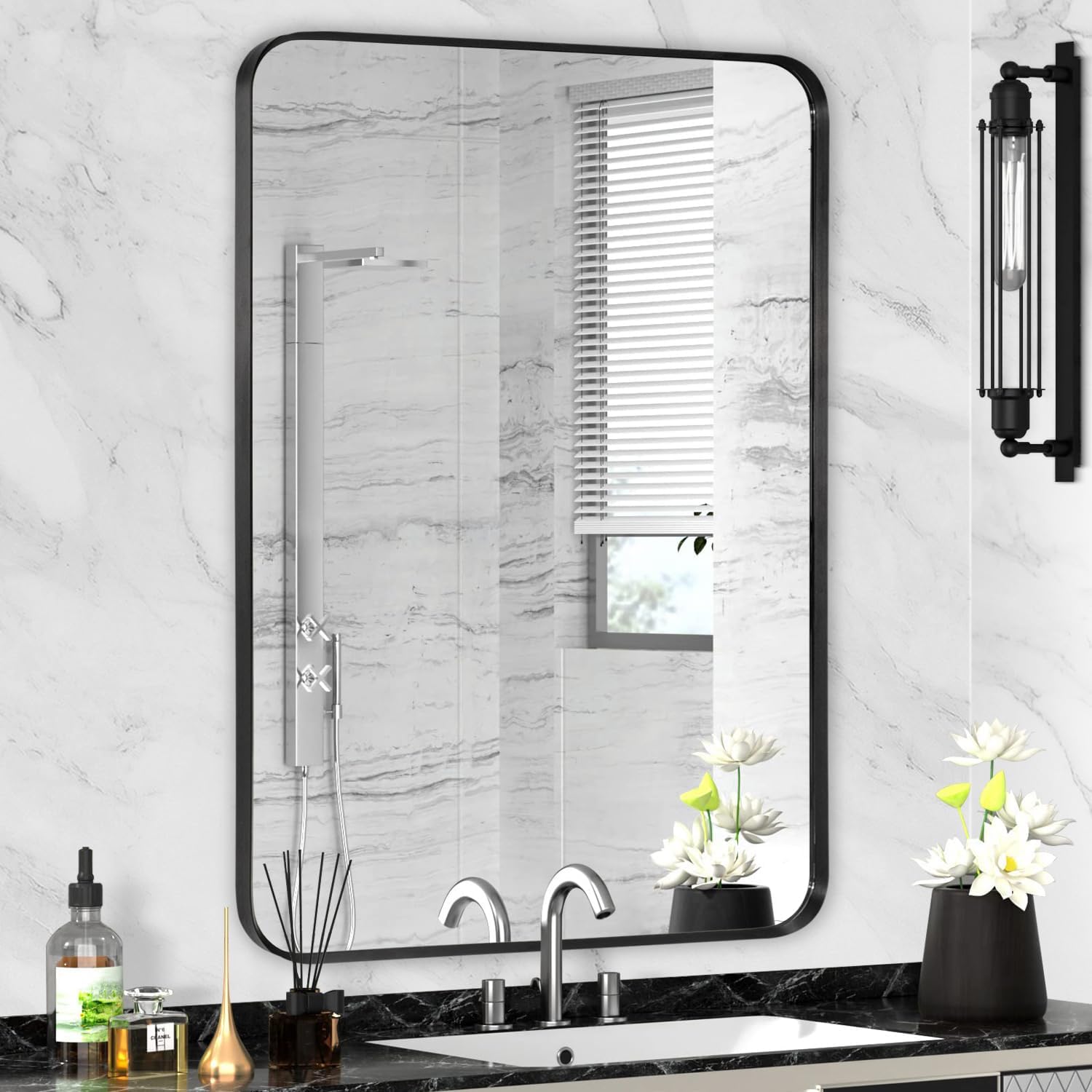 Black Framed Bathroom Mirror for Wall, Matte Black Rounded Corner Rectangle Vanity Mirror, Brushed Frame, Tempered Glass, Anti-Rust, Hangs Horizontally or Vertically (24" x 32", Black) Rectangle Black 32"L x 24"W