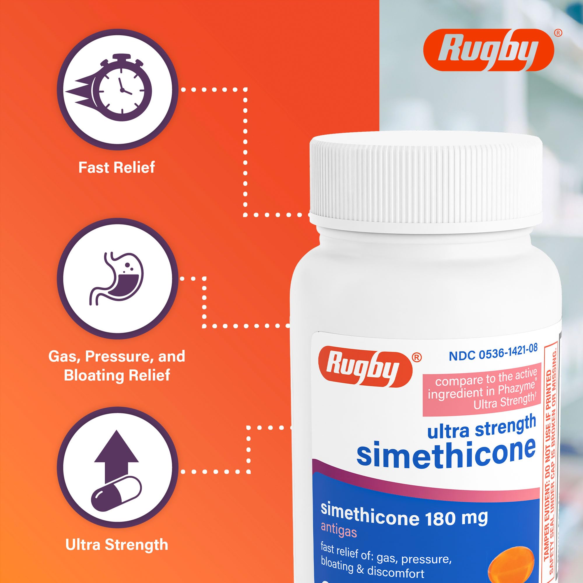 Rugby Ultra Strength Simethicone Gas Relief 180 mg - Maximum Relief for Adults - May Help with Symptoms of Flatulence & Bloating - 60 Softgels (2 Pack)