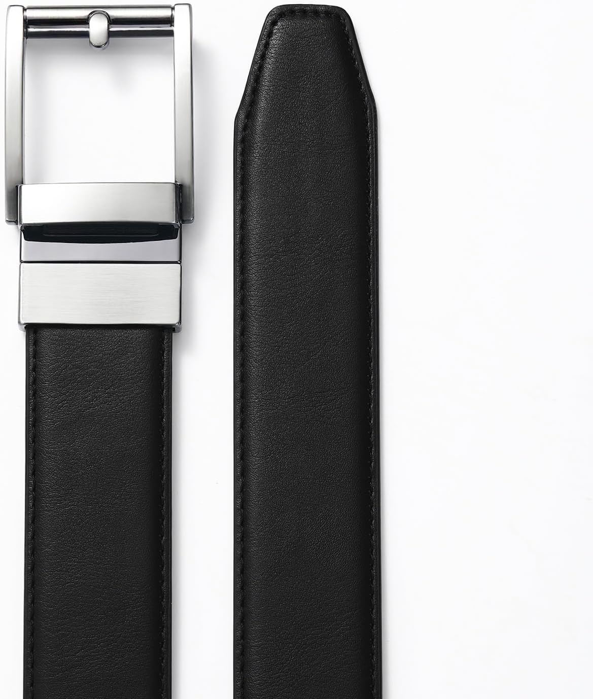 Men's Ratchet Black Belt Premium Synthetic Leather with Silver Buckle Business Style Adjustment for Casual - Image 3