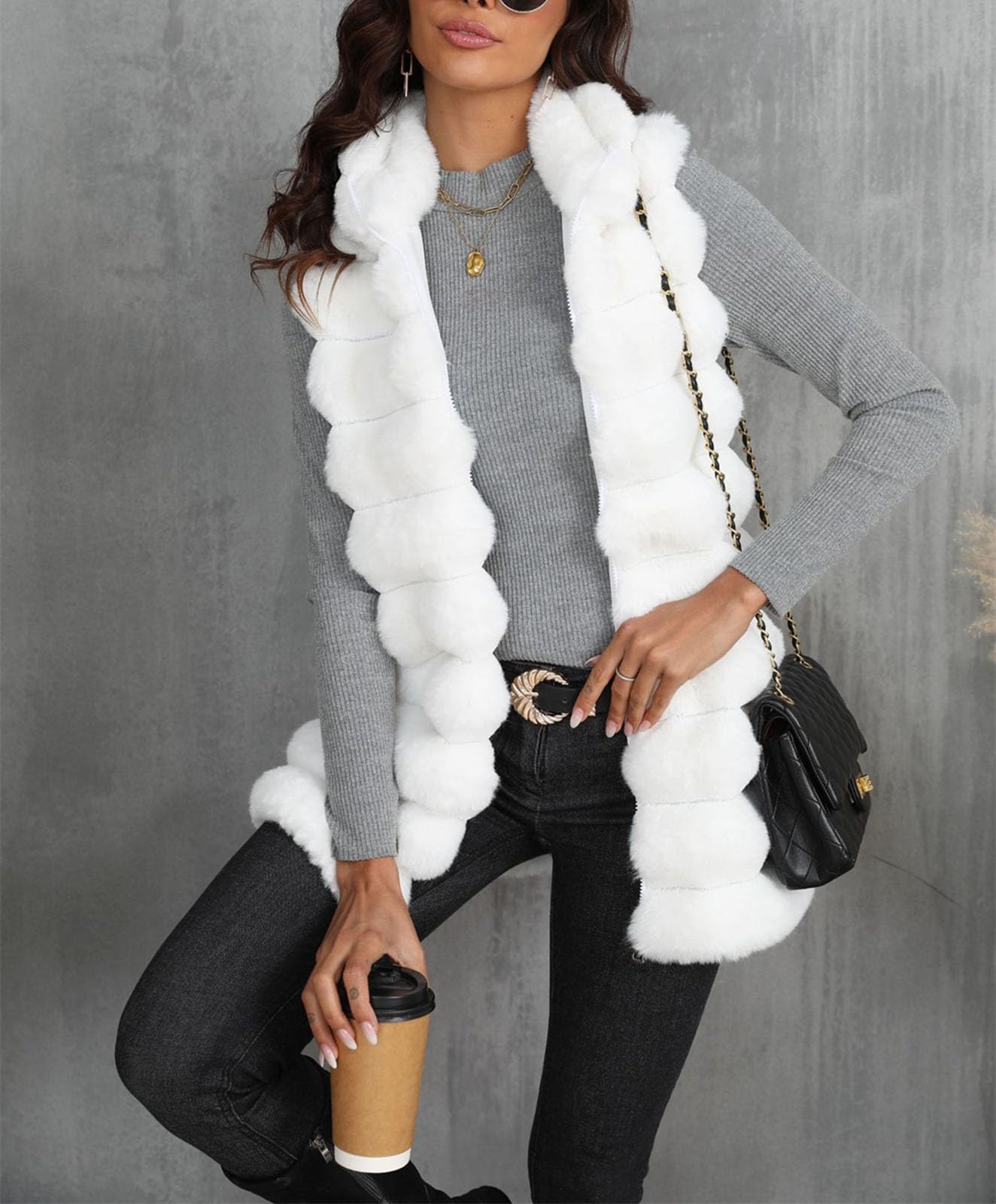 Gilet lungo cardigan della pelliccia sintetica delle donne Fluffy Fuzzy Open Front Vest Zip up caldo gilet peloso