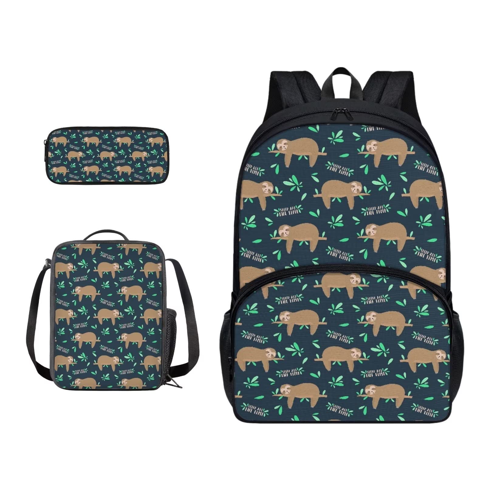 Poceacles Schultasche und Lunchbox-Set für Teenager, Jungen, Grundschule, Büchertasche, Federmäppchen für Grundschulkinder, Faultier Grünes Blatt, Einheitsgröße