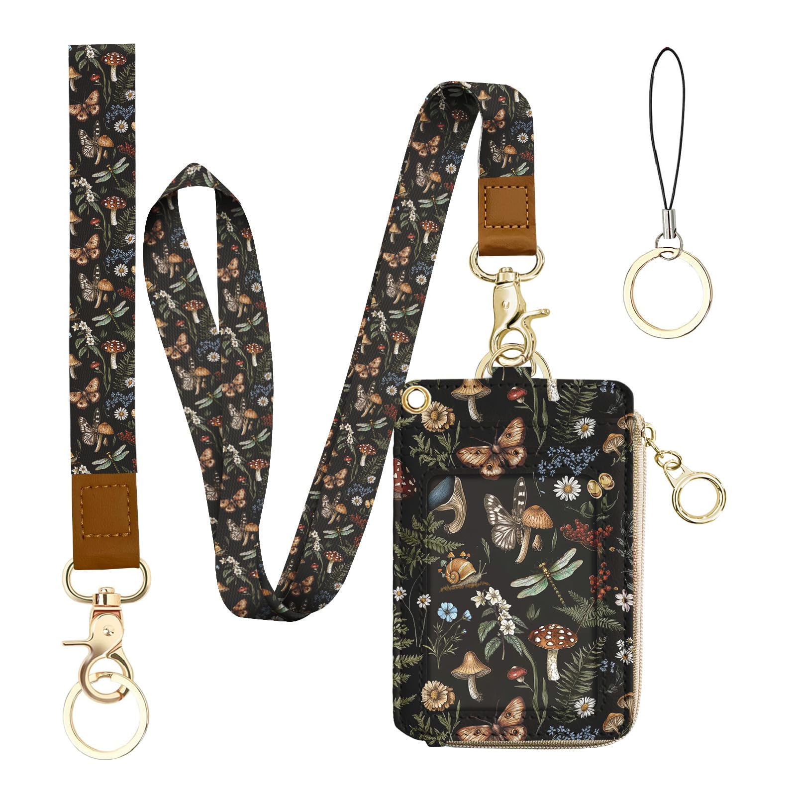 Bolimoss MushroomLanyard for ID Badge Cute Women's ID Badge Holder with Vintage Pu Leather Zip CaseWallet