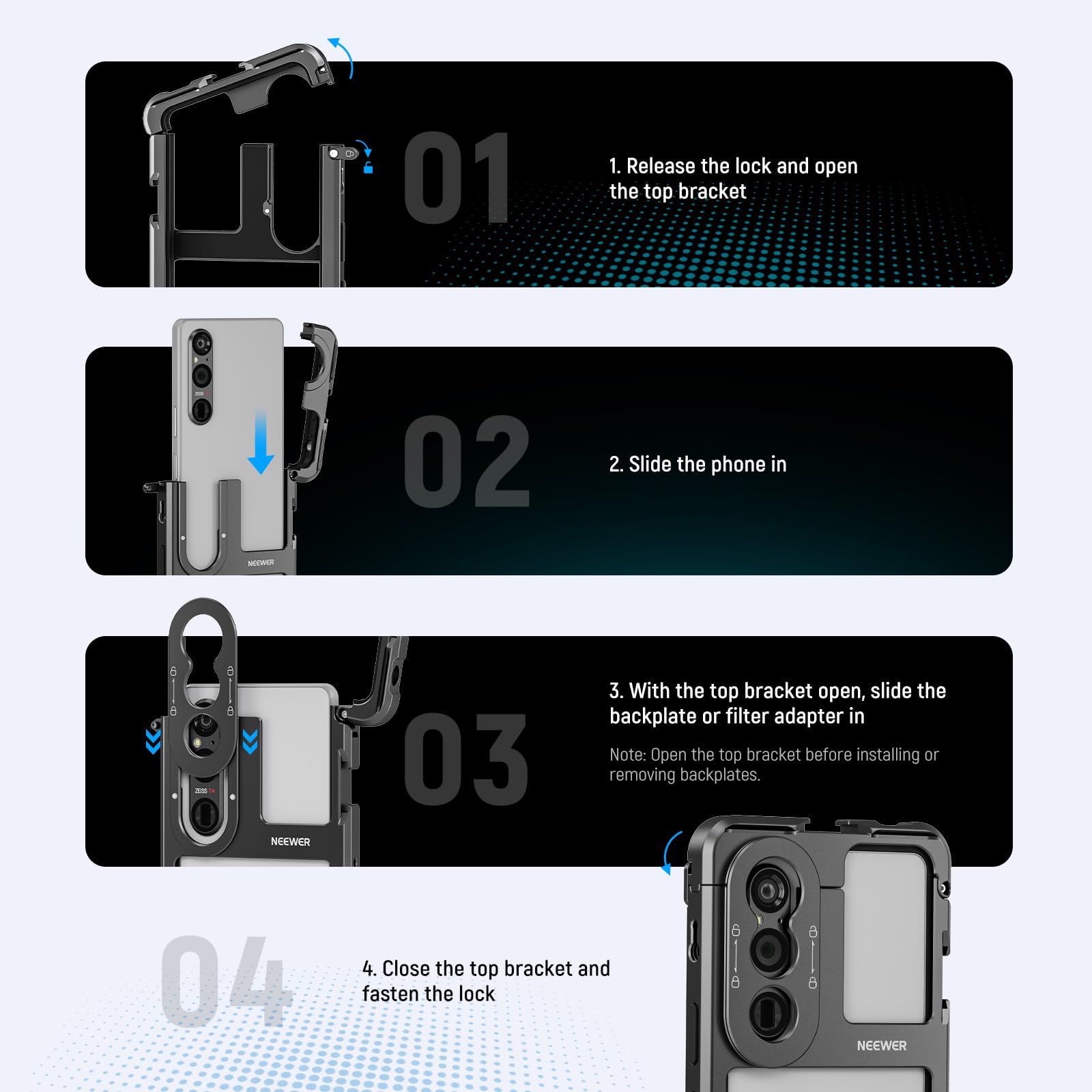 NEEWER Xperia klatka 1 V, szybkie uwalnianie wideo, uchwyt stabilizatora telefonu do nagrywania filmów, adapter filtra 67 mm, tylna płytka obiektywu 17 mm, tylna płytka obiektywu z mocowaniem T