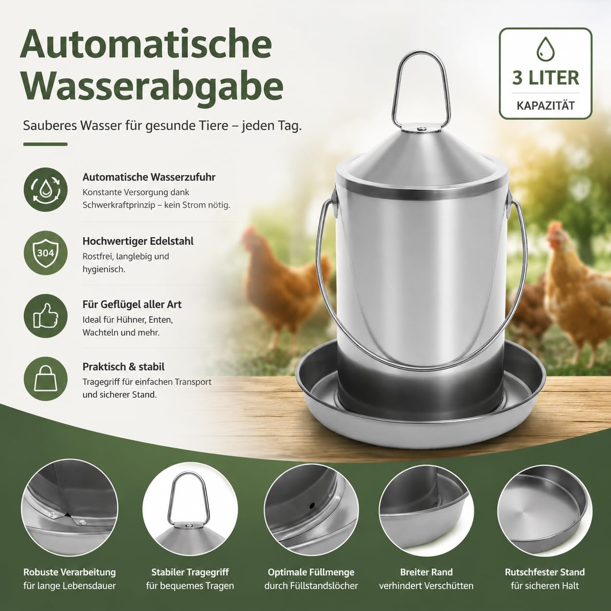 Abreuvoir de Poulet 3 L, Acier Inoxydable 304, sans BPA, Distributeur d'eau pour volaille