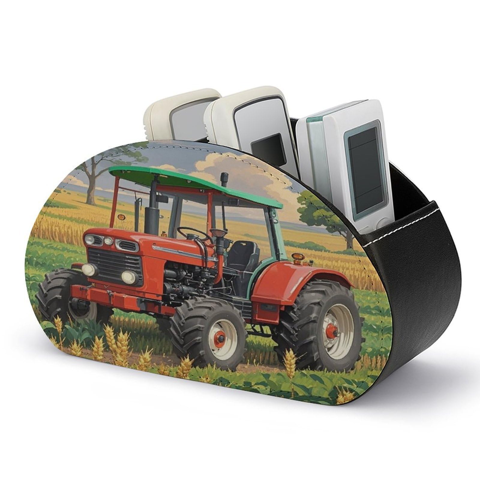 FekiLoot Tractor Theme TV Remote Control Holder with 5 Compartments Multi-functional Leather Bedside Table Remote Caddy Desktop Storage Box for Store Pen Controller Media Player Cosmetic