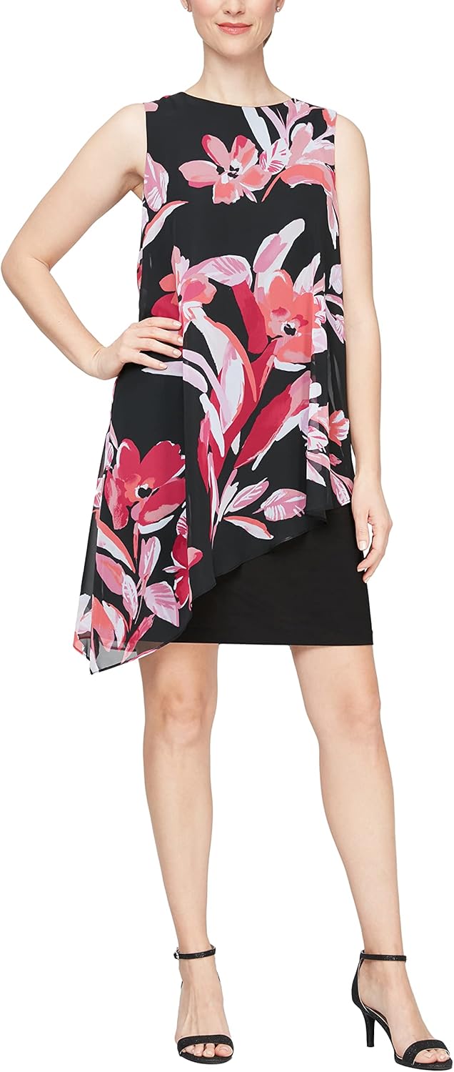 S.L. Fashions Women's Sleeveless Print Asymmetric Chiffon Overlay Dress