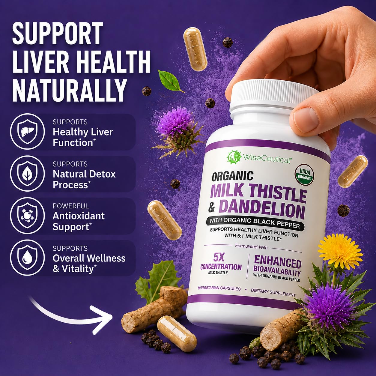 Max Absorption USDA Organic Milk Thistle Potent 5:1 Concentrated Extract (2000mg Strength) & Organic Dandelion Root | Silymarin Antioxidant Flavonoid | Liver Support Supplement (60 Count (Pack of 1)) — Amazon image 2