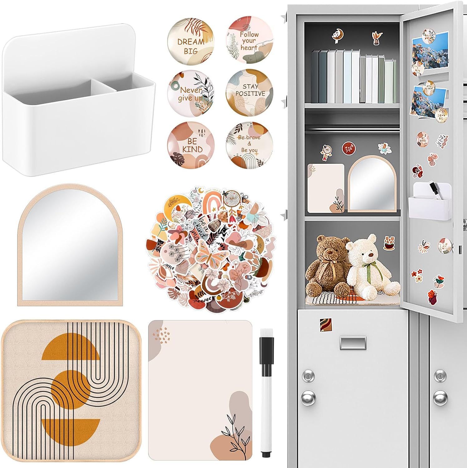 Wonderjune 12 Pcs Magnetic Locker Accessories Include Locker Organizer Pen Holder Preppy Stickers Mirror Faux Fur Rug Whiteboard Marker Magnet, Back to School Essentials(Boho)