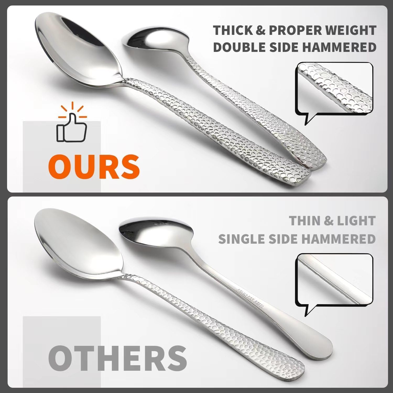 Comparison image showing Fiwarex silverware with double-sided hammered texture and proper weight versus thinner, single-sided hammered alternatives
