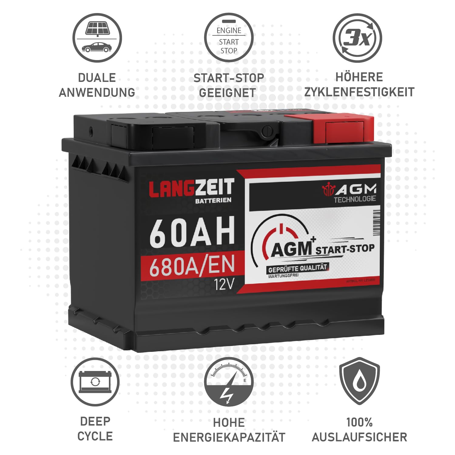 LANGZEIT AGM Batterie 60Ah 12V 680A/EN Start-Stop Autobatterie VRLA