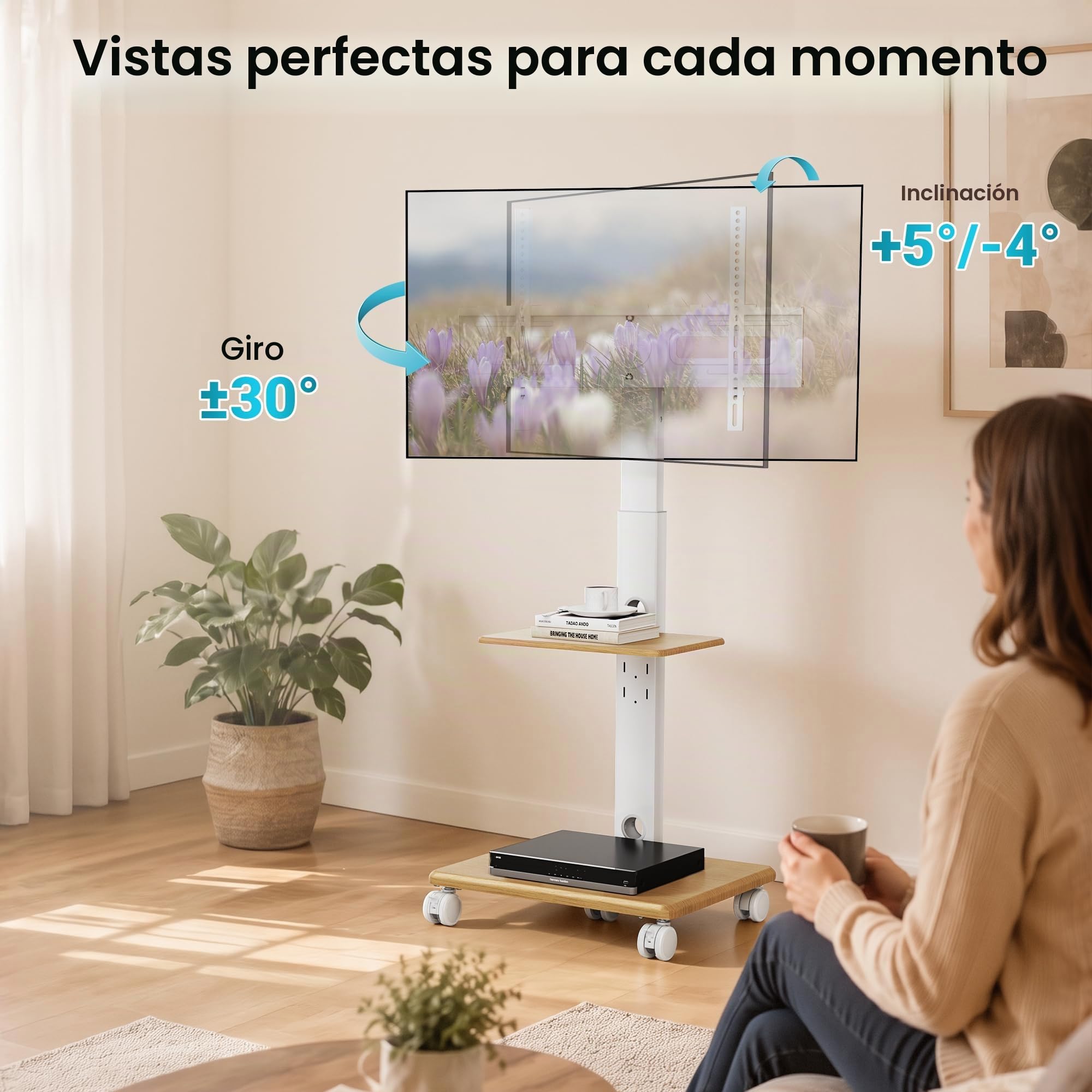 BONTEC Soporte TV de Suelo Blanco con Base de Madera y 5 Ruedas, Carro TV Móvil para 32 a 80 Pulgadas, VESA 600x400 mm, Carga 60 kg, Altura Ajustable 1210 a 1500 mm, Giro e Inclinación | Carrito de TV enrollable con cinco ruedas de 6,3 cm, altura regulabl