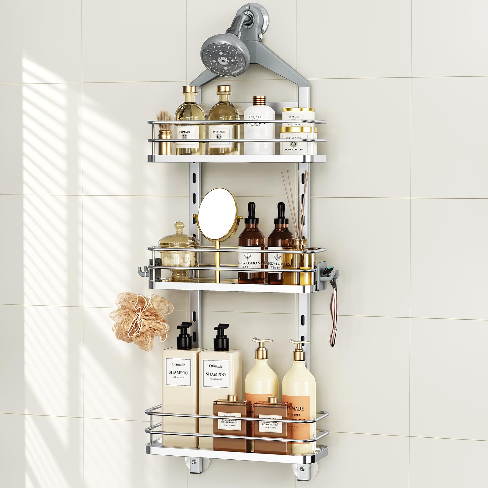 Orimade Aluminum Hanging Shower Caddy Over Head Adjustable Bathroom Shelf with Hooks Anti-Slip Rustproof Organizer Storage Rack Basket