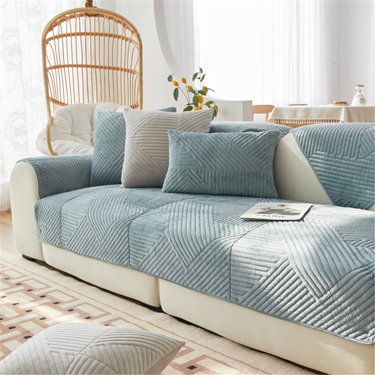 Sofa Covers 1/2/3/4 Seater Corner Sofa Covers L Shape Velvet Thick Sofa Protector Non-Slip Sofa Slipcovers for Both Left/Right Chaise Sectional Couch (Light Blue,90x180cm/Rectangular)