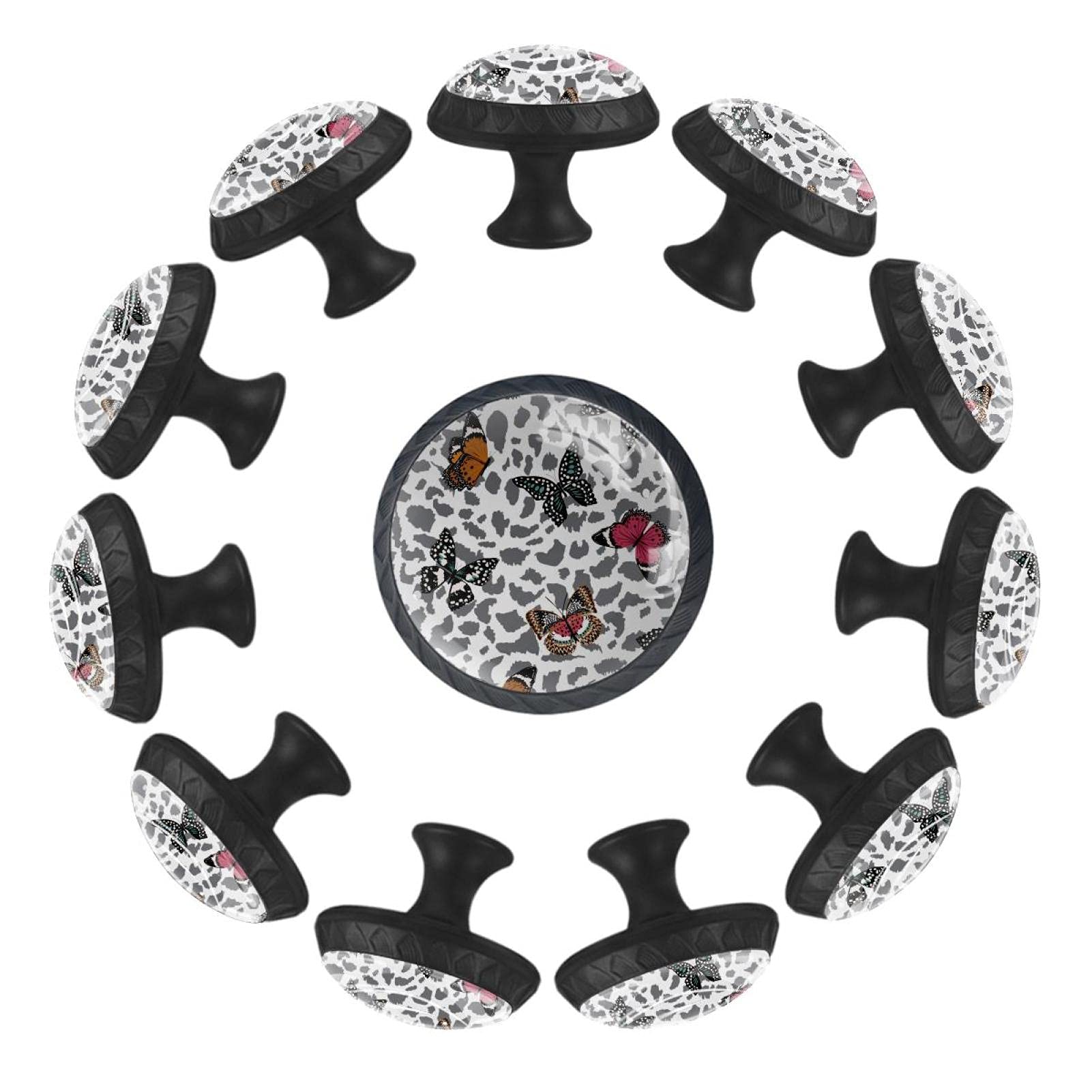 Boutons de tiroir ronds faciles à poser motif papillon léopard 12 pièces