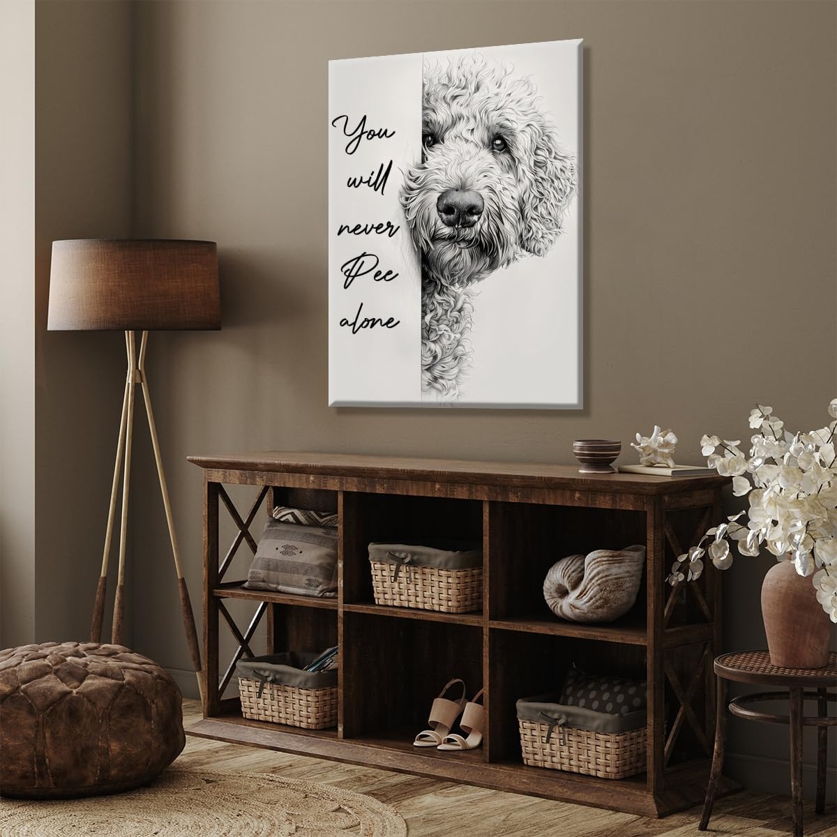 Black and White Goldendoodle Wall Art You Will Never Pee Alone Poster Canvas Print Funny Bathroom Decor Signs Dog Lovers Room Ideas Decoraring 12x18inch Framed