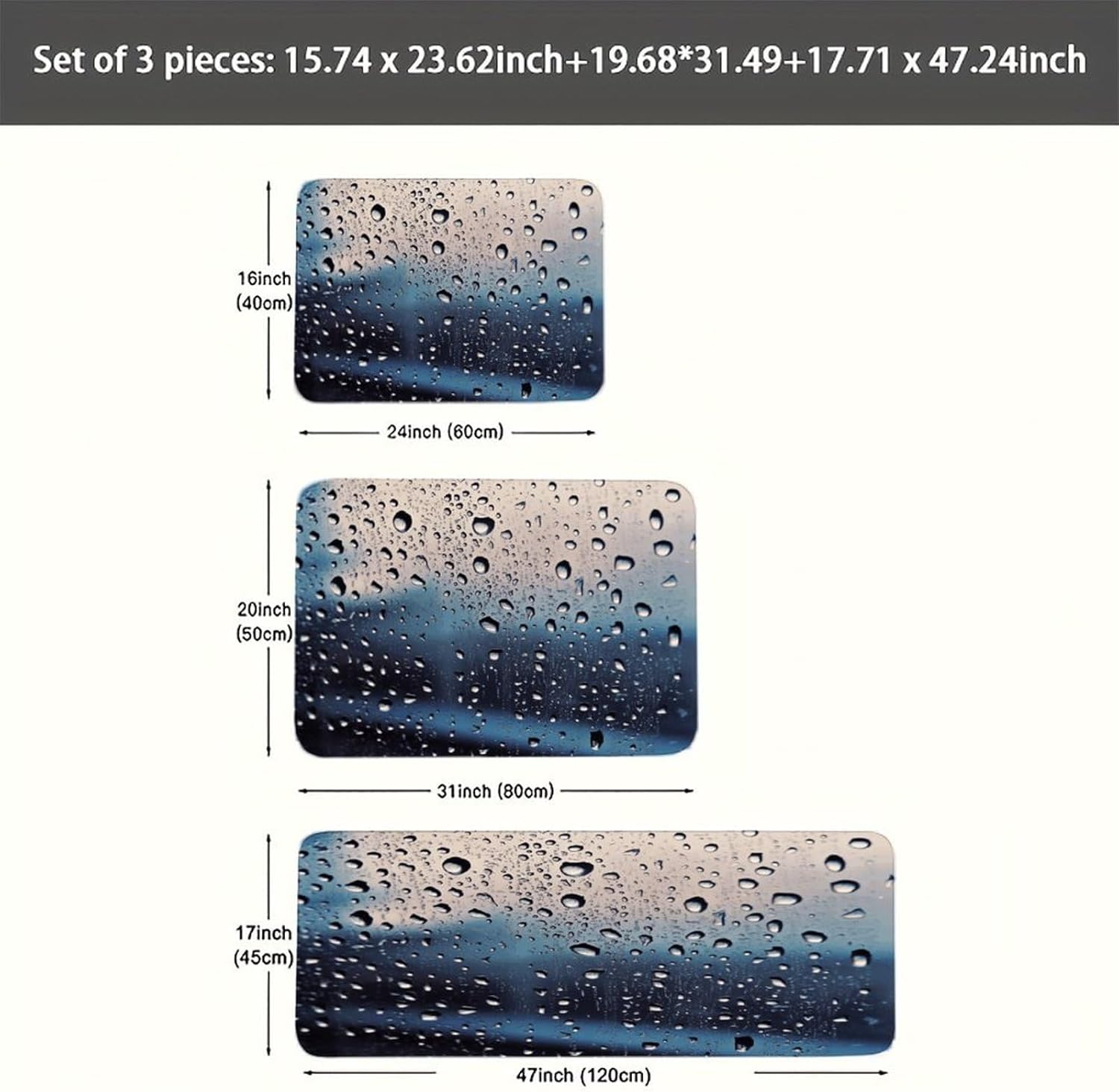 Rain Drops on Glass Kitchen Rugs Set of 3 Non Slip Washable Kitchen Mats for Floor Soft Area Rug Kitchen Floor Mat Cushioned Anti Fatigue Mats Standing Sink Mat Decor Runner Rugs