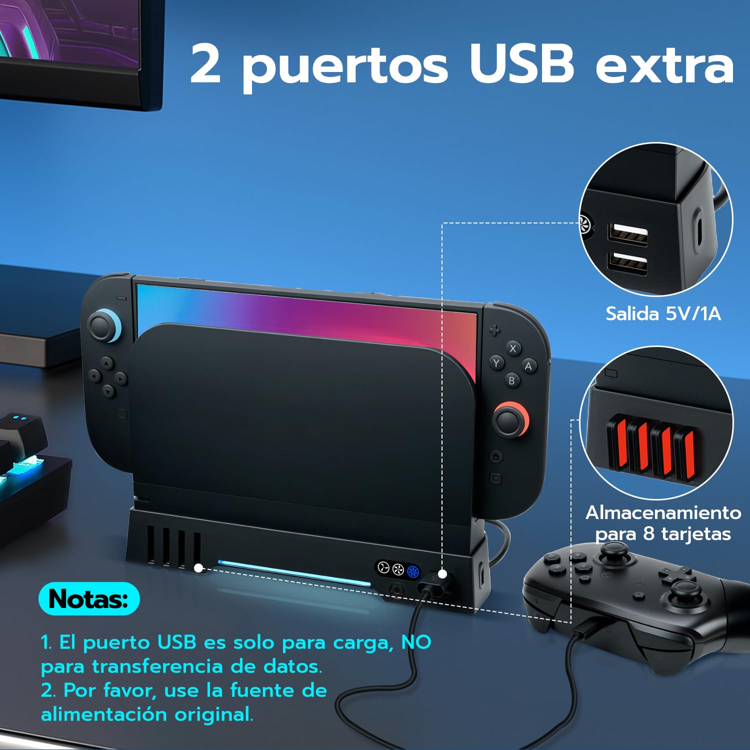 Mcbazel RGB Ventilador de Enfriamiento para Nintendo Switch 2 Dock, Ajustable 3 Velocidades Soporte con Luces RGB para Almacenamiento de Tarjetas de Juego con Puertos Carga par Switch 2 Consola