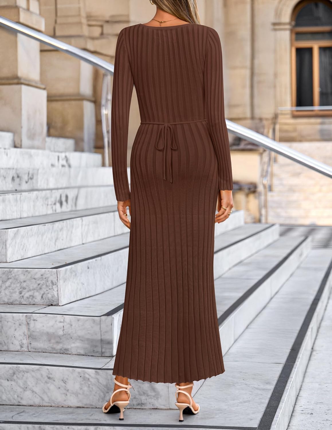 ZESICA Women's 2026 Spring Sweater Dress Long Sleeve V Neck Ribbed Knit Party Cocktail Bodycon Maxi Dresses - Image 4