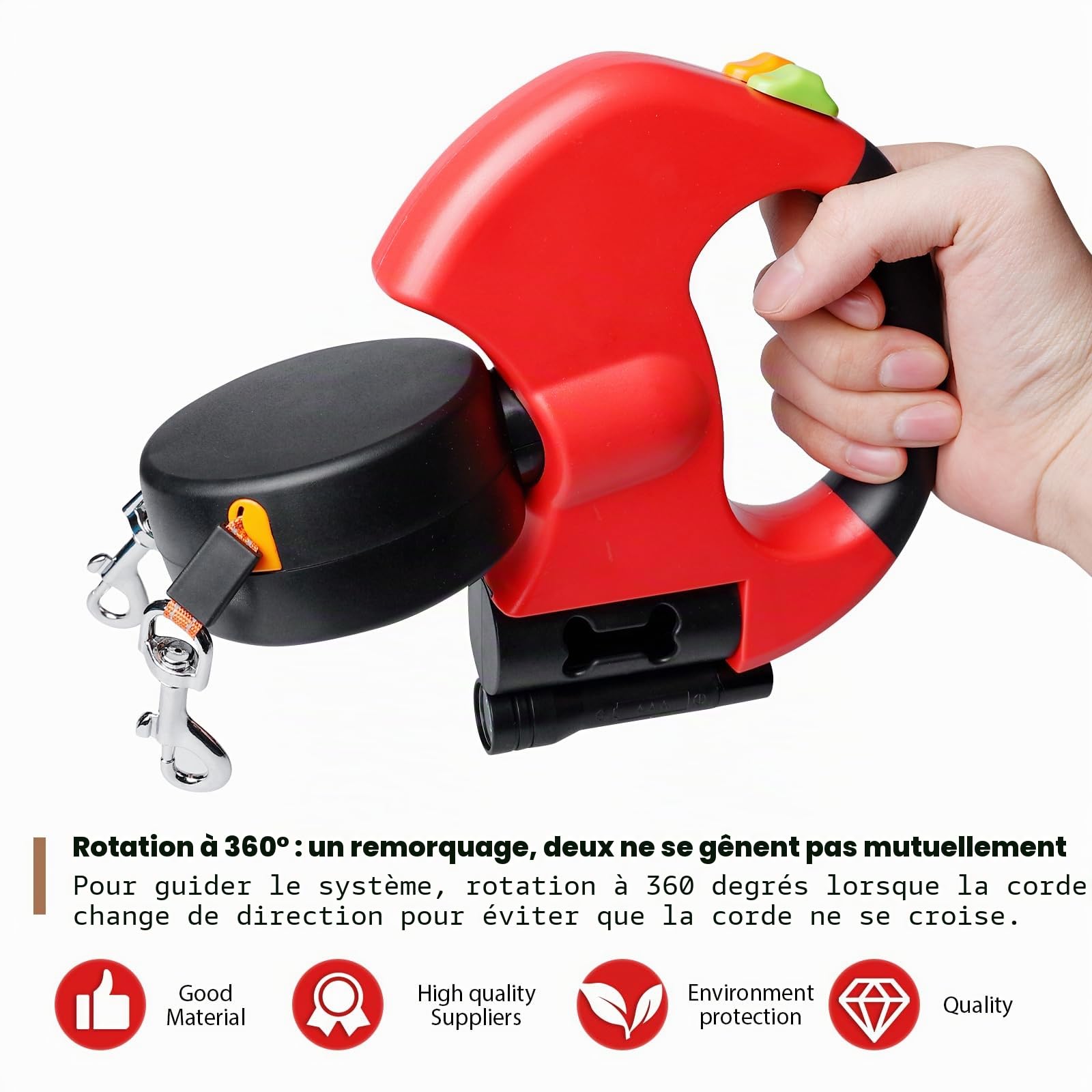 Laisse double pour 2 chiens - 3 mètres, laisse rétractable et extensible pour chiens avec fonction de lumière, poignée ergonomique et bobine