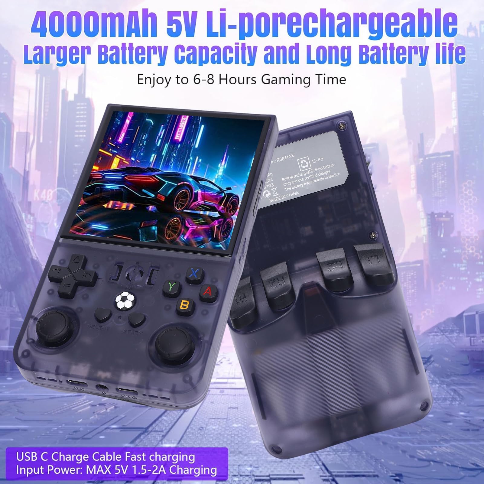 Tonysa Konsola Gier Ręczna, Przenośna Konsola do Gier Retro, Półprzezroczyste Szary, Ekran 4 Cale 720x720, Podwójne Joysticks 4000 MAh do Podróży (128G)