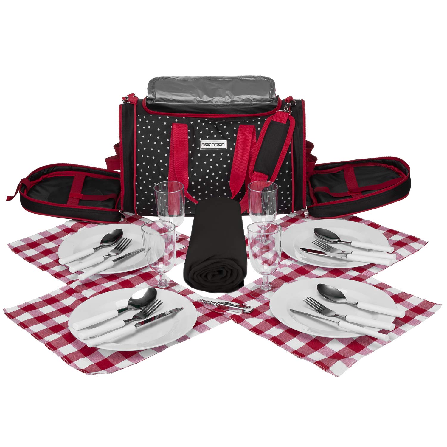 anndora Picknick Kühltasche + Decke + Zubehör schwarz weiß gepunktet