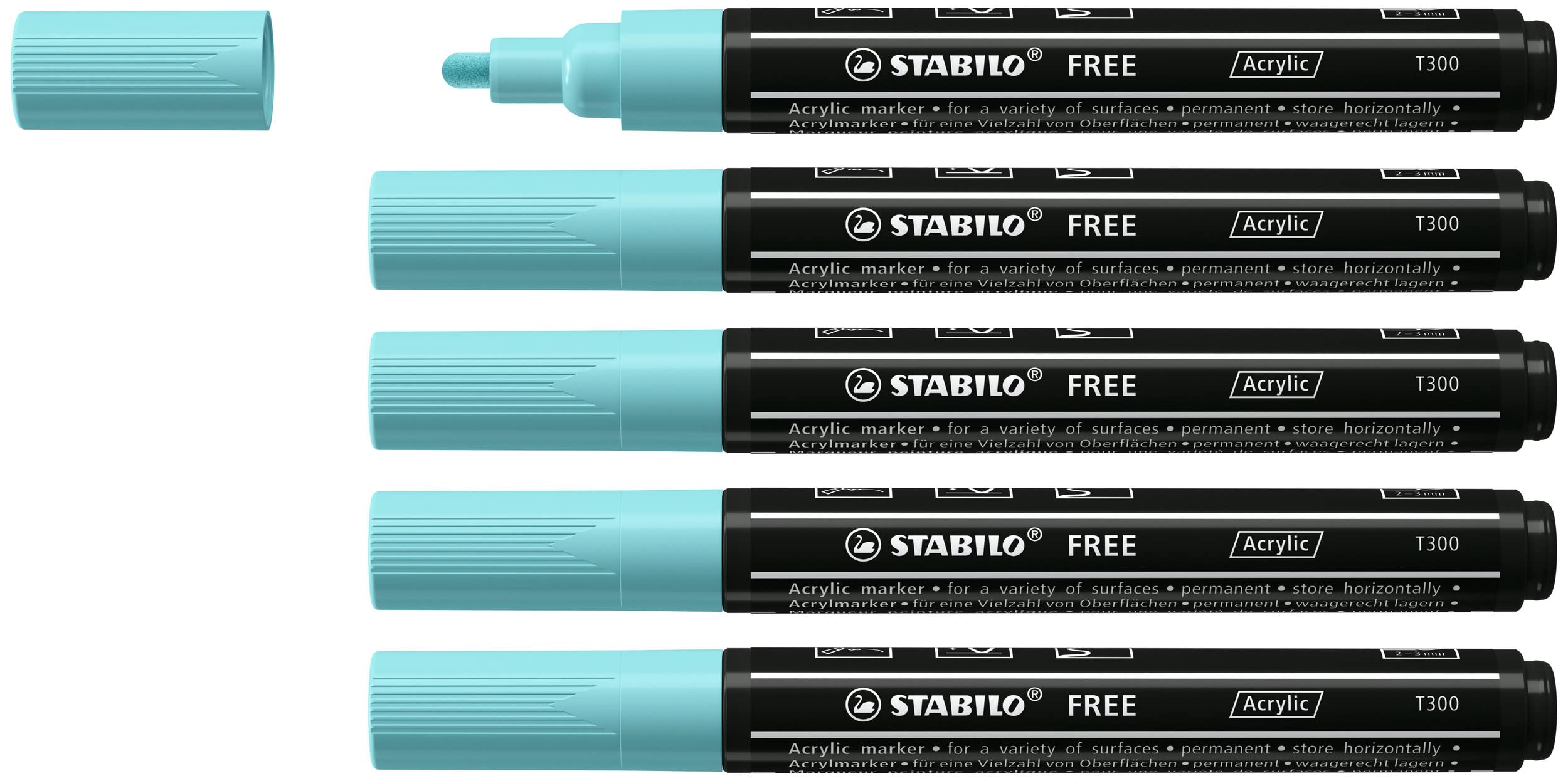 Marcador acrílico STABILO FREE Acrylic T300 - Punta redonda 2-3mm - Caja con 5 unidades color azul hielo
