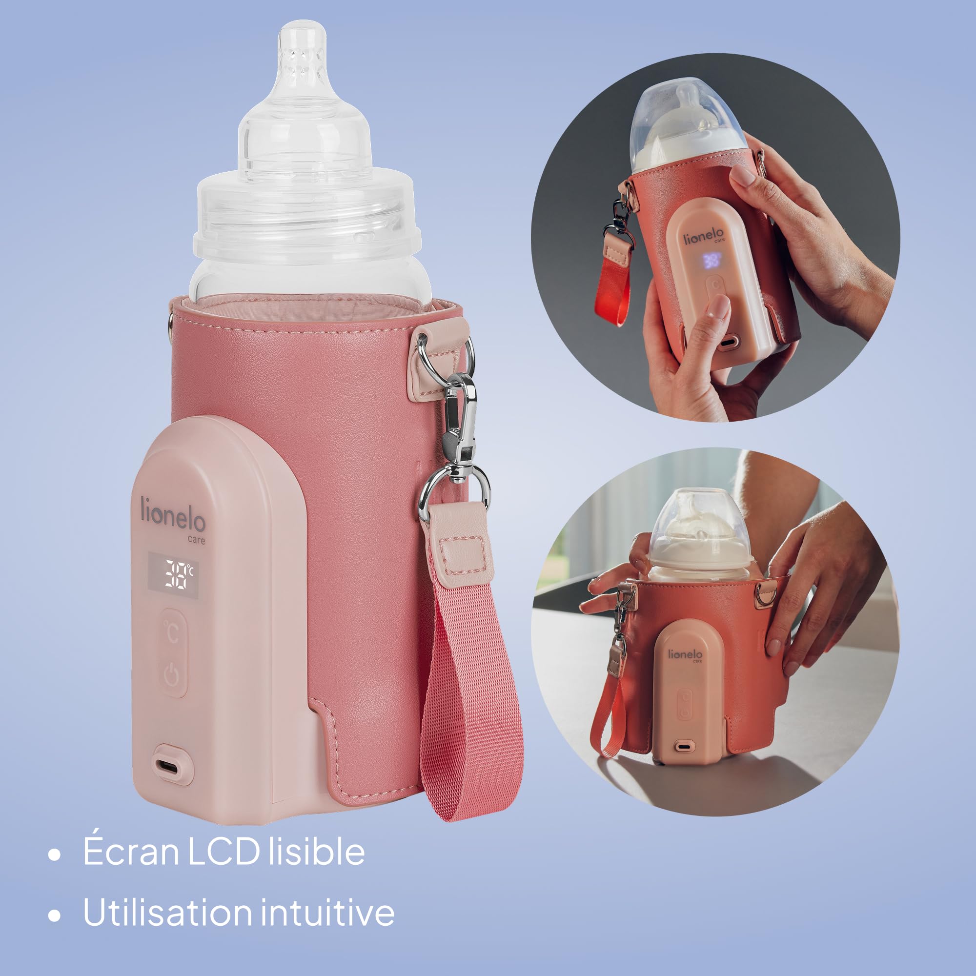 Lionelo Thermup Go Evo Chauffe-Biberon, 5 Températures 38-50°C, Écran LCD | Sans fil, jusqu'à 9 h d'autonomie, recharge USB-C, capteur de sécurité, compatible avec les biberons de 50 à 80 mm, Corail
