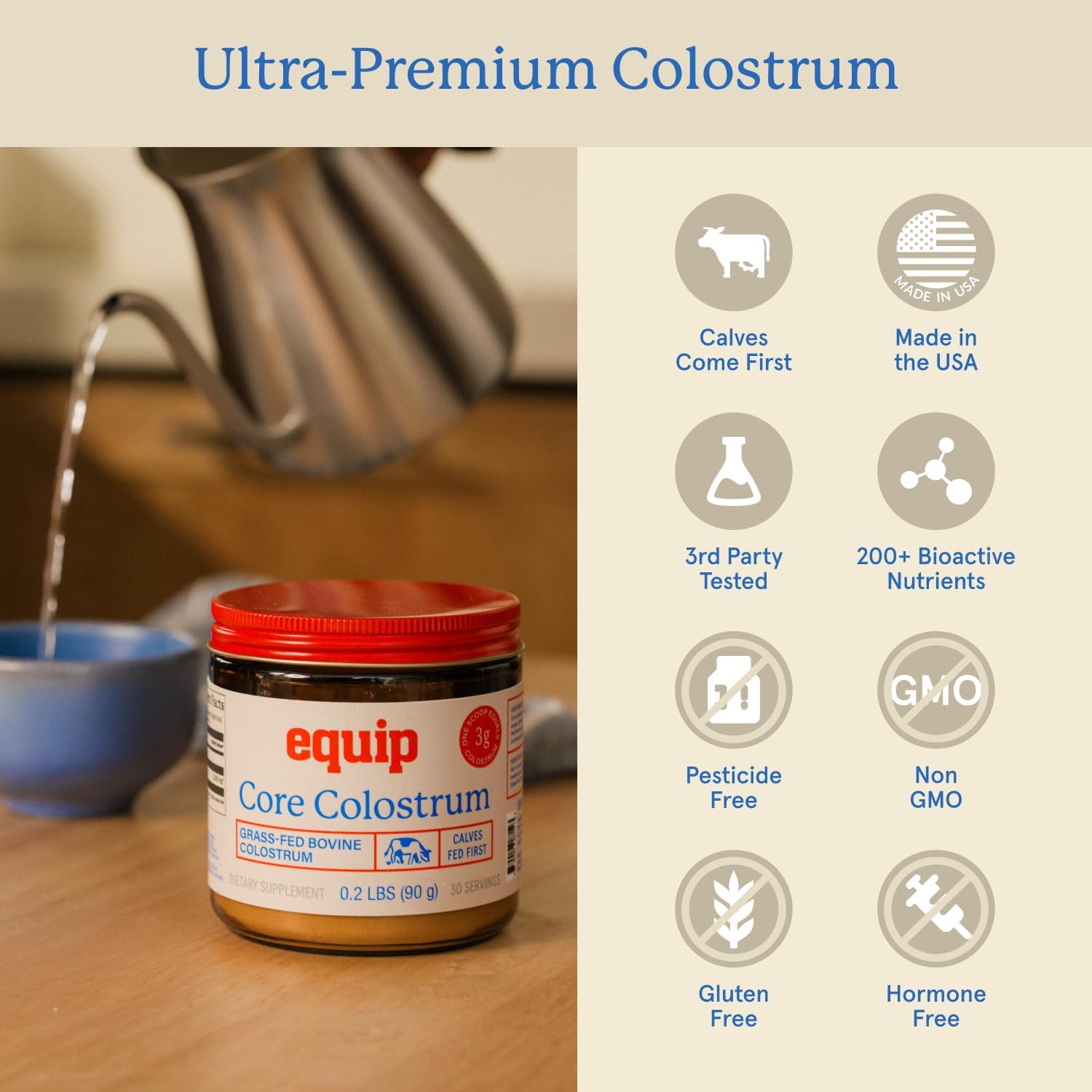 Equip Foods Core Bovine Colostrum Powder - 3,000mg Grass Fed Colostrum Supplement - Gut Health, Immunity, Recovery Lactoferrin Supplements - Keto Friendly Bovine Colostrum, 30 Servings, Unflavored - Image 4