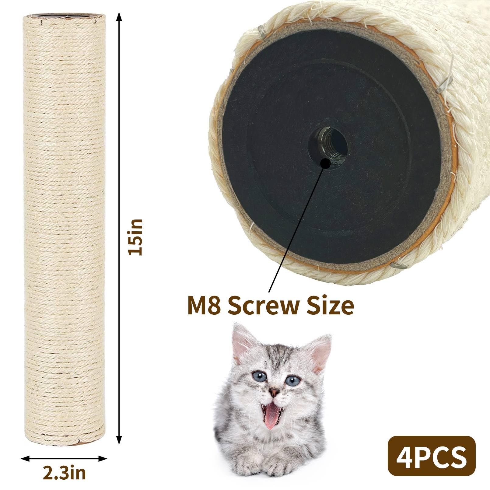 Poste rascador de repuesto para gatos de 15.7 pulgadas, sisal natural, extensión de repuesto para gatos, árbol, bricolaje, manualidades, repuesto de poste de cuerda de cáñamo, perca de escalada (4