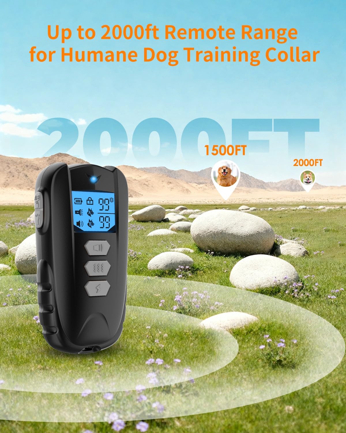 Dog Shock Collar with Remote Control – Shock Collar for Dogs 10–120 lbs, 2000FT Long Range IPX7 Waterproof Rechargeable Dog Training Collar with 4 Safe Modes Beep Vibration Shock & Flashlight BK — view 7
