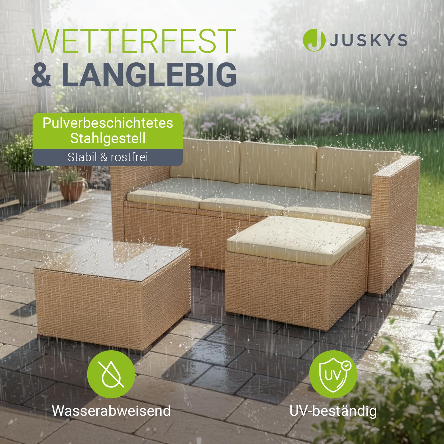 Juskys® Polyrattan Lounge Punta Cana M für 3-4 Personen mit 3er Sofa, Sessel, Tisch & Kissen, Sitzgruppe für Garten, Terrasse und Balkon, Gartenmöbel Set wetterfest - Creme