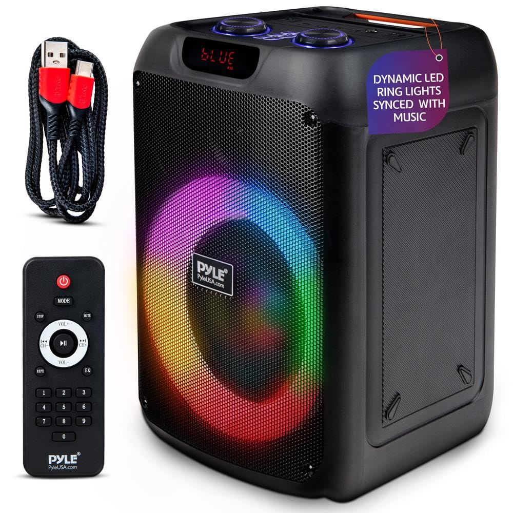 Pyle głośnik PA Bluetooth do karaoke 100 W z 8-calowym głośnikiem niskotonowym – regulacja echa, basów i wysokich tonów, port USB, czytnik kart SD, radio FM, wejście mikrofonowe i światła LED