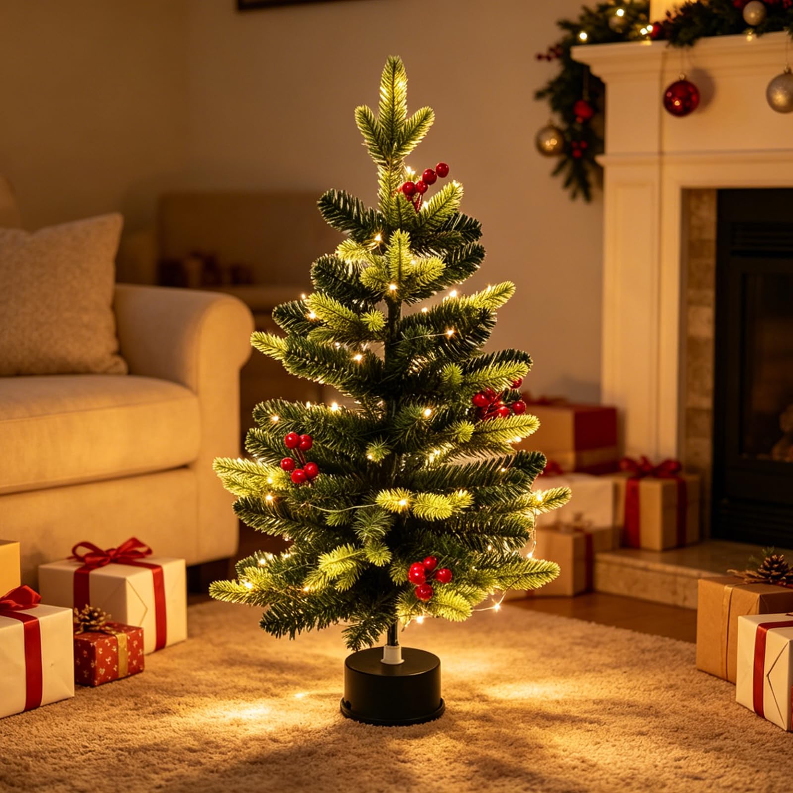 PANGBOER Girevole per Albero Natalizio da Tavolo con Luce Calda a Filo LED, funzioni Musicali e Timer per Decorazioni Natalizie, tavoli per Feste e vetrine Piccola Base per Albero Natale Rotante