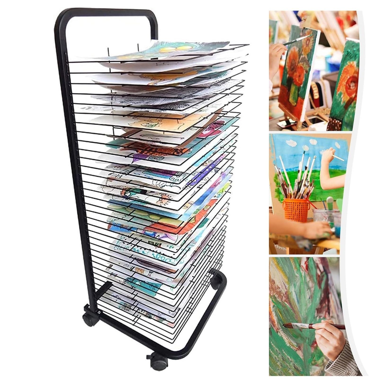 Aioneer Art Drying Rack - Extra Large 35 Flexible Shelves, Steel Drying Painting Racks, Mobile Classroom Painting Artwork Drying Rack With Wheels, For Schools, Art Studio&Home Use,35 floors