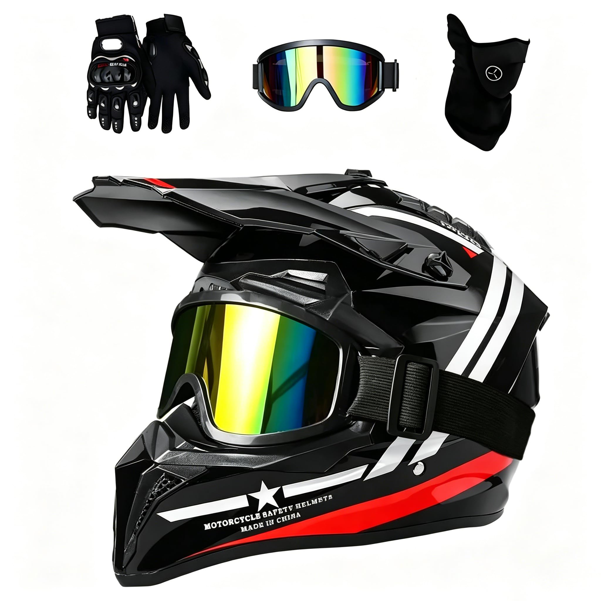 Casque Moto Cross Adulte, Casque Motocross avec Lunettes, Gants et Masque | Deux doublures interchangeables de tailles différentes, intérieur amovible et lavable, ventilation multicanale, boucle rapide