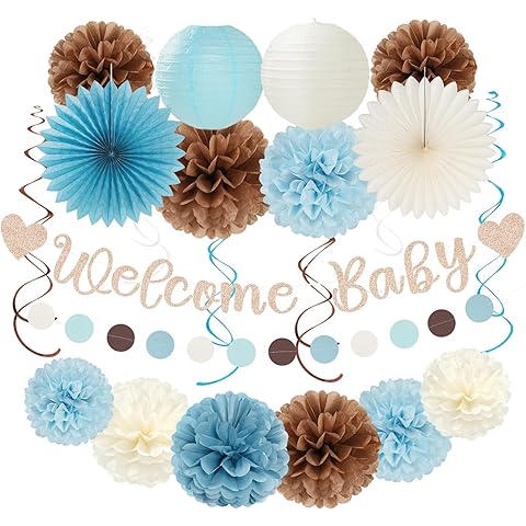 Dusty-Light Blue-Brown Baby Shower Party-Decorations - 22pcs Boys Welcome Baby Bann...