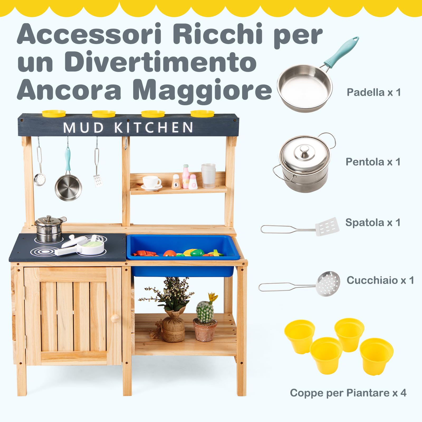 COSTWAY Cucina Giocattolo per Bambini, Cucina in Legno da Esterno con Lavello Removibile, Fornello, Pentole e Ripiani, Cucinetta Giocattolo Interattiva con Accessori per Bambini 3-8 Anni, Naturale