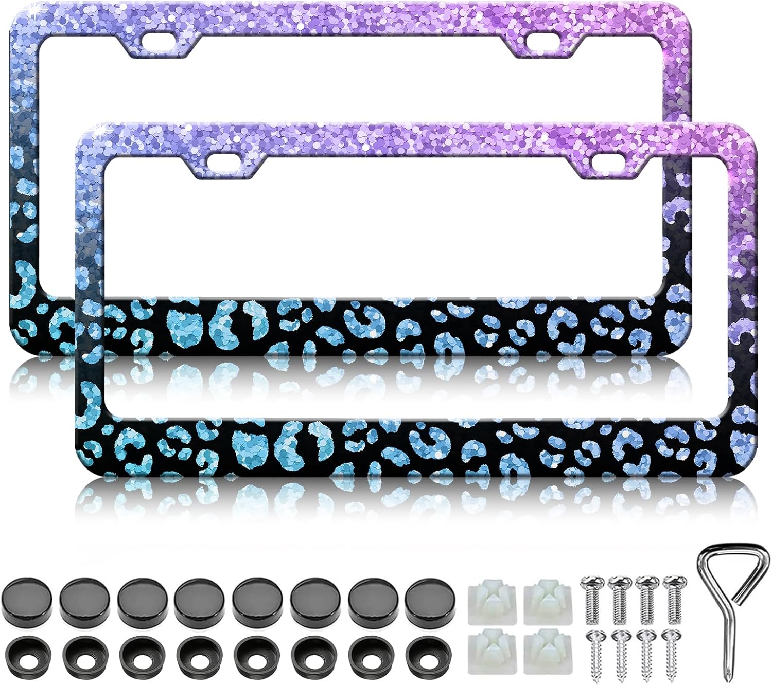 Blue Purple Leopard Print License Plate Frames - 2 Pack Cool Bling Cheetah Print License Plate Holder, Aluminum Metal Rust-Proof Waterproof Car Decorative Tag Frame for Standard US 12x6 Inch
