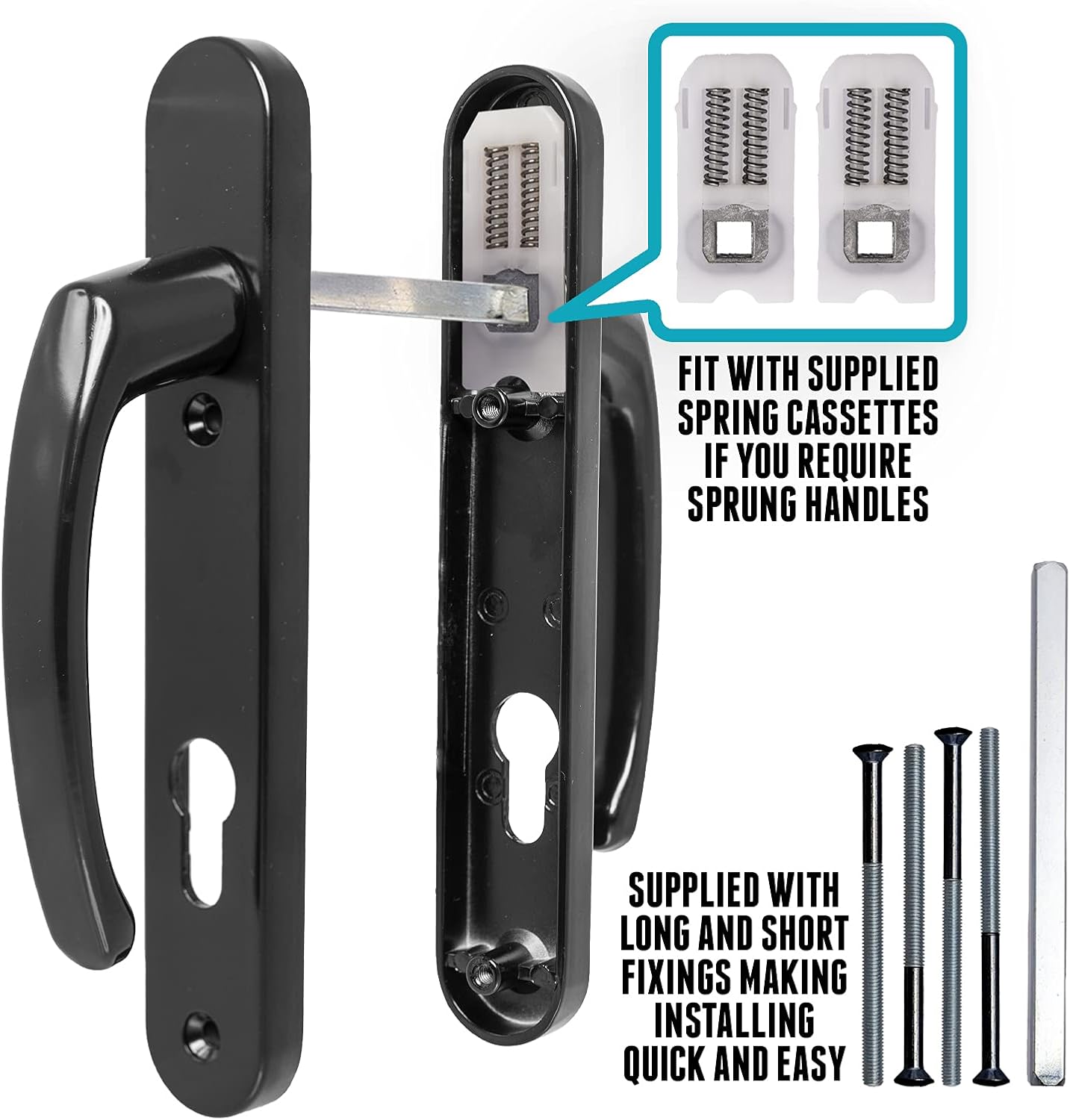 UPVC Door Handles Set, Black, Lever/Lever, 92mm PZ (Centres), 122mm Screw to Screw, Backplate 212mm X 34mm, UPVC Door Handle - Image 3